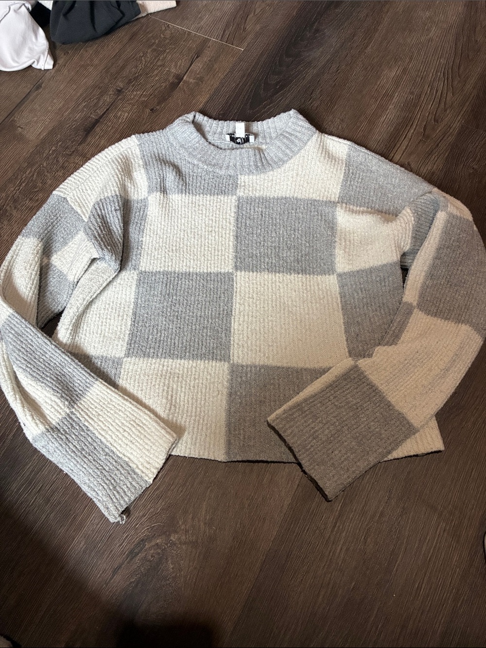True Craft Checkerboard Crewneck Sweater in Gray & Cream